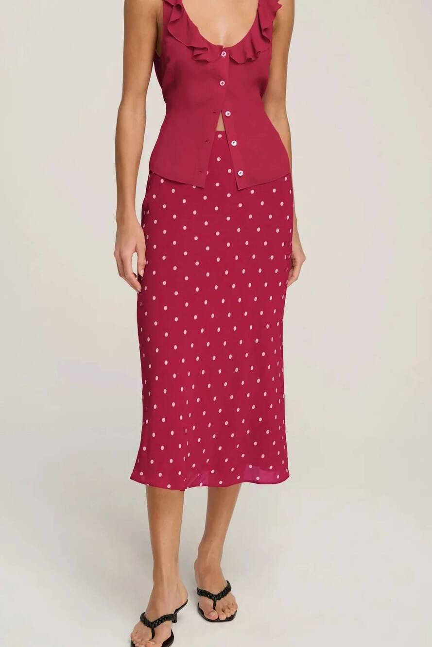 NEW FAVORITE DAUGHTER jojo midi skirt in raspberry ivory dot